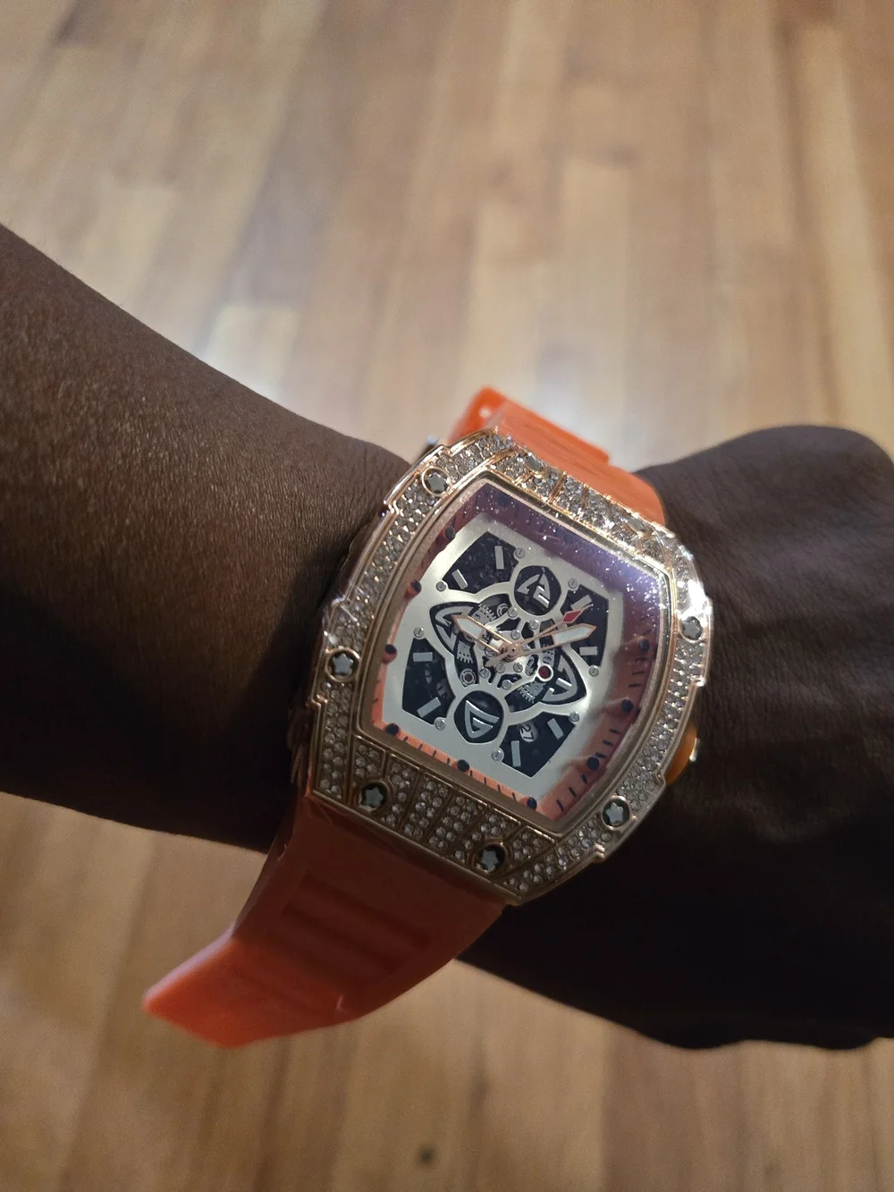 Orange Silicone Strap Skeleton Watch with Crystal Bezel